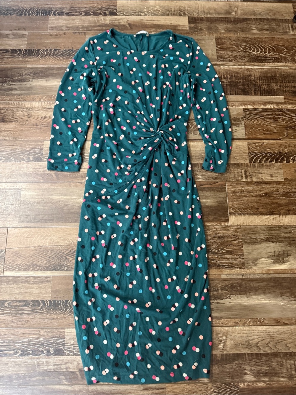 Boden Emerald Green Long-Sleeve Polka Dot Twist-Front Midi Dress